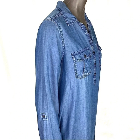 SO Women's 100% Lyocell Chambray Half Button Down Long Sleeve Top Shirt Size M - Picture 3 of 11